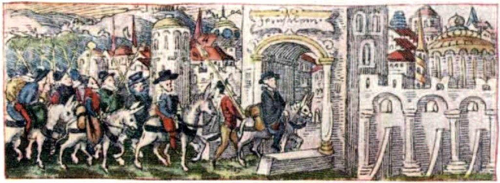 Heinrich Wölfli arriving in Jerusalem in 1520. (Heinrich Wölflis Reise nach Jerusalem 1520/1521. Edited by Hans Bloesch. Bern: Die Schweizer Bibliophilen Gesellschaft, 1929).