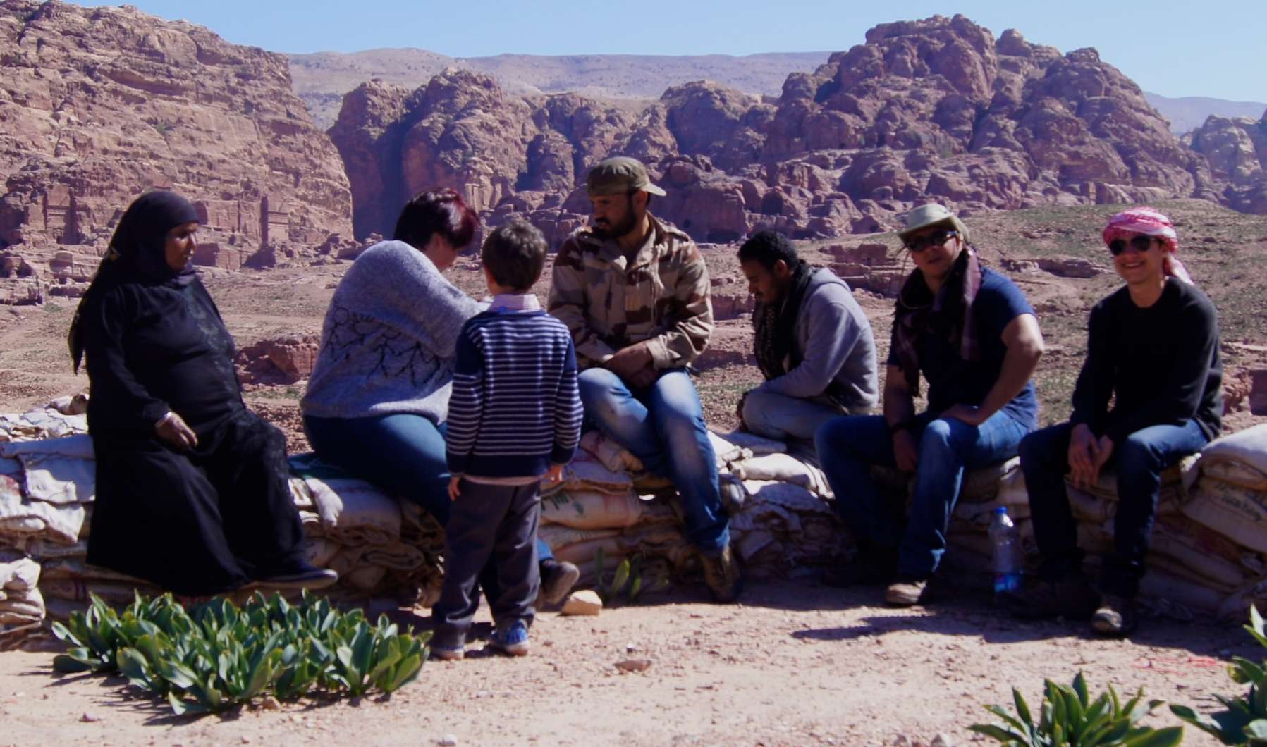In March 2015, ACOR interns Thomas Harr (far right) and Gregory Dgheim (beside to the left) joined the TWLCRM team for a day of work on site. Pictured from the left are permanent team members Ageleh Jmeidi, Elena Ronza (with her son Rami), Shaker Faqeer, and Bassam Faqeer. Photo by Ghaith Al Faqeer.