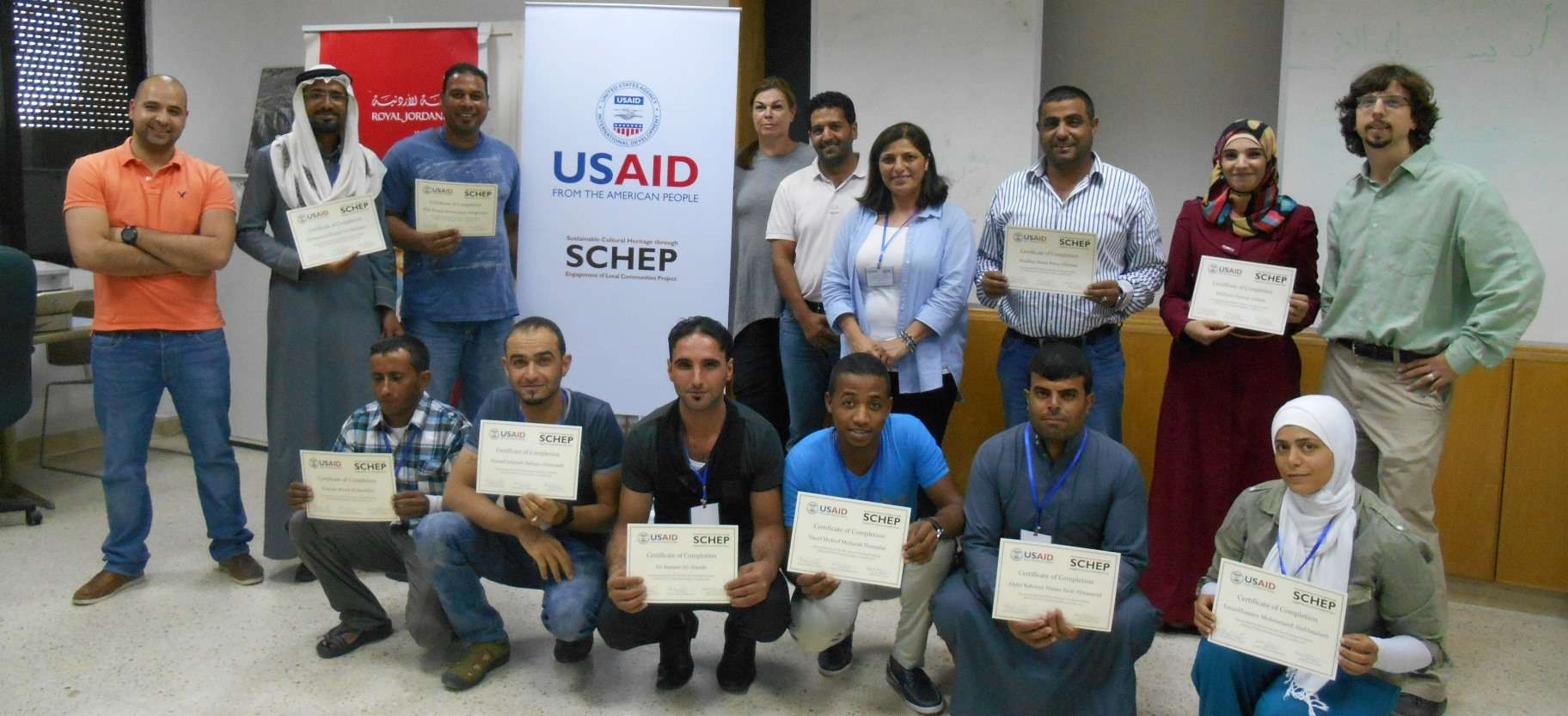 The participants and organizers of the first SCHEP site steward workshop. Back row, left to right: Ragheb Fityan (SCHEP M&E Specialist), Mohammad al-Saideen (Bi’r Mathkour), Bilal al-Deghemat (Ghor al-Safi), Erin Addison (SCHEP CHR Projects Lead), Abdelrahman al-Nasarat (CHR Projects Lead Assistant), Huda Kilani (SCHEP Capacity Building Lead), Muaffaq al-Masaeed (Umm al-Jimal), Safa’ al-Rfooh (Busayra), Glenn J. Corbett (ACOR Associate Director); front row (kneeling, left to right): Abdulah al-Saideen (Bi’r Mathkour), Ahmad Mowasa (Petra), Ali al-Soide (Busayra), Nayef Shamalat (Ghor al-Safi), Abdelrahman al-Masaeed (Umm al-Jimal), Eman Abdalsalam (Petra). Photo by Wiebke Lepke.