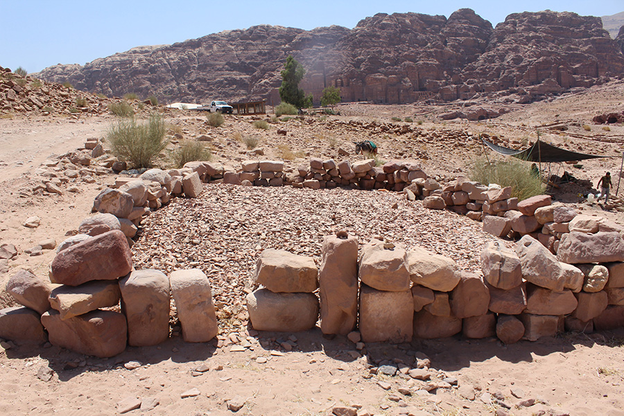 Area filled with pottery sherds from the sifting process for the use of educational groups, 2016. Temple of the Winged Lions, Petra. (Photograph from the USAID SCHEP collection.)